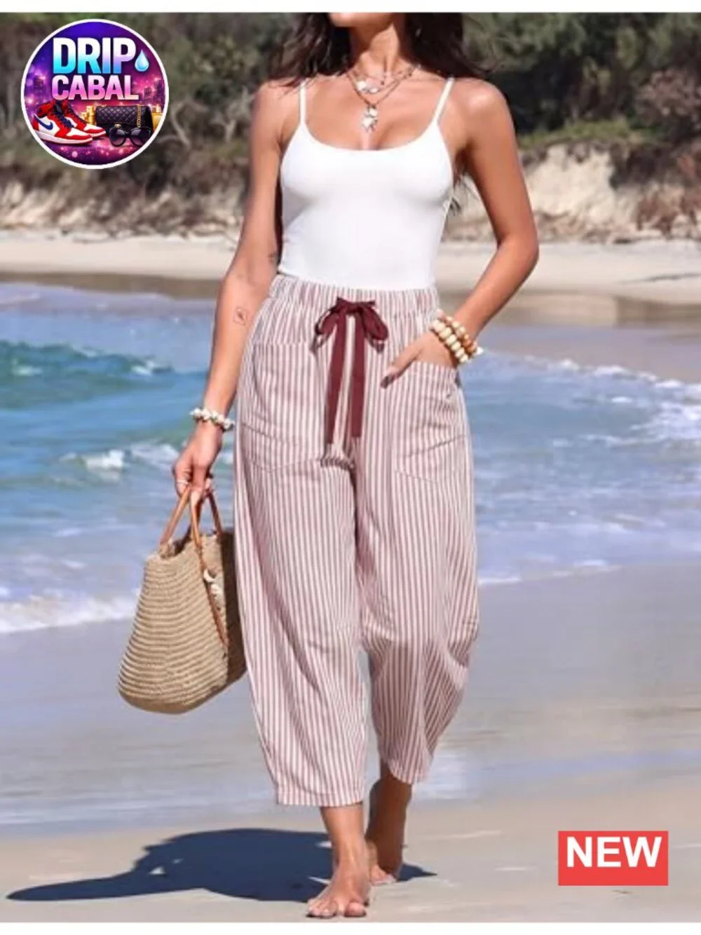 Women's Casual Barrel Pants Striped Drawstring Wide Leg Lounge Capri Trousers